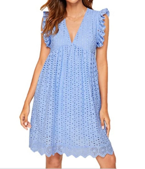 V-neck Sleeveless A-line Lace Dress with Pockets