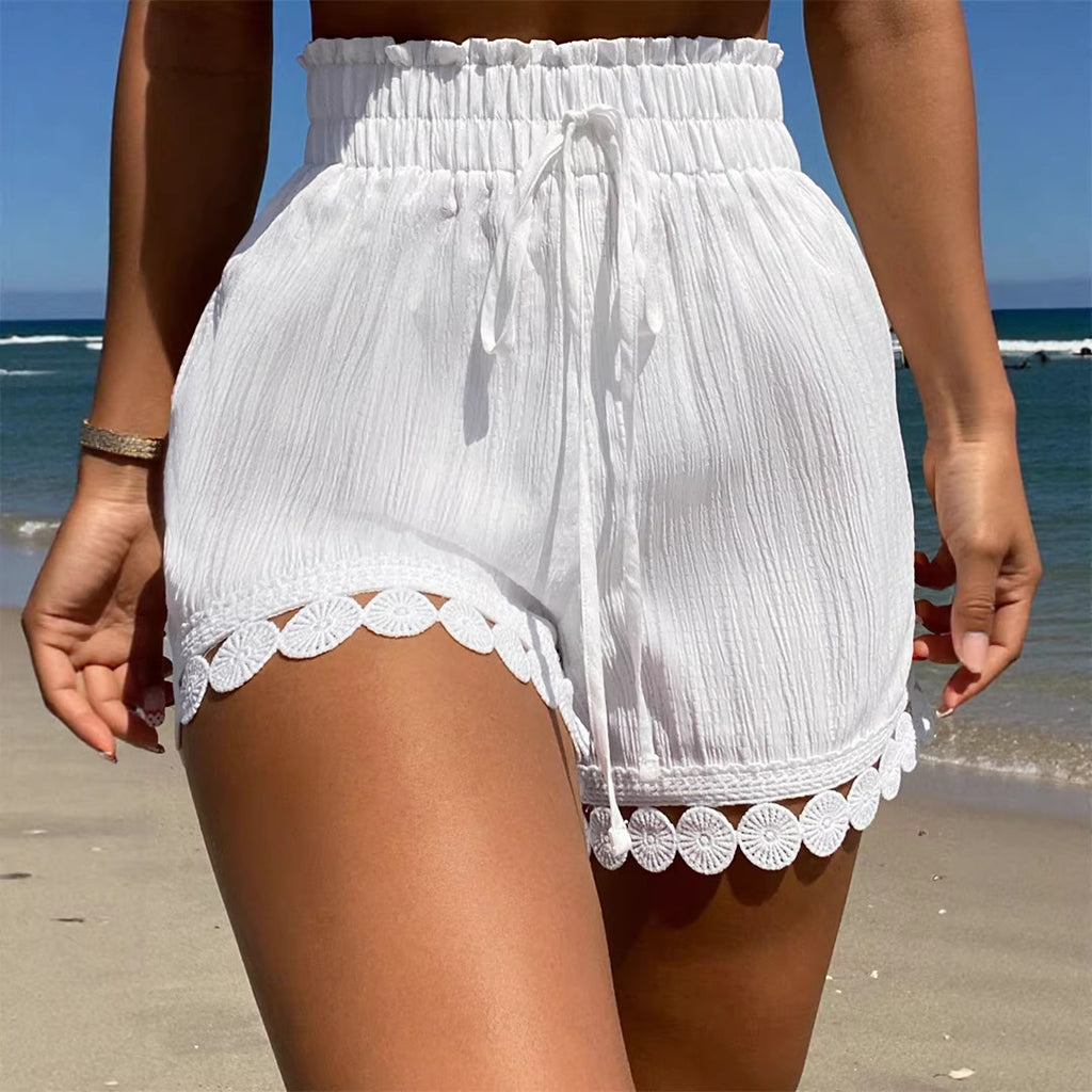 Mid-Waist Lace-Trimmed Relaxed Shorts