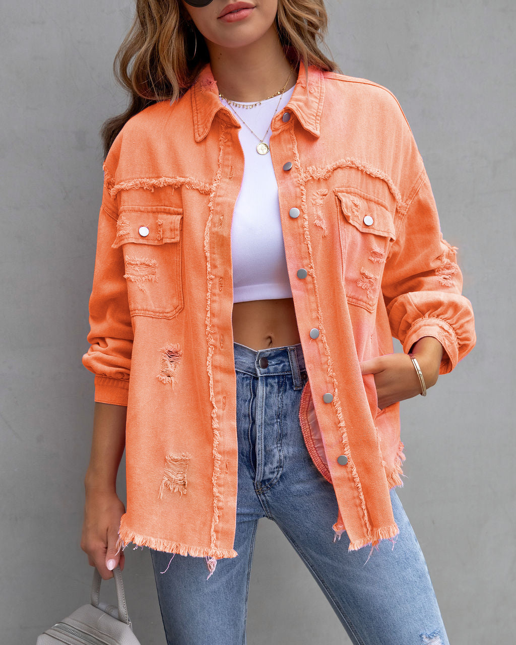 Ripped Button Jacket with Chest Pockets