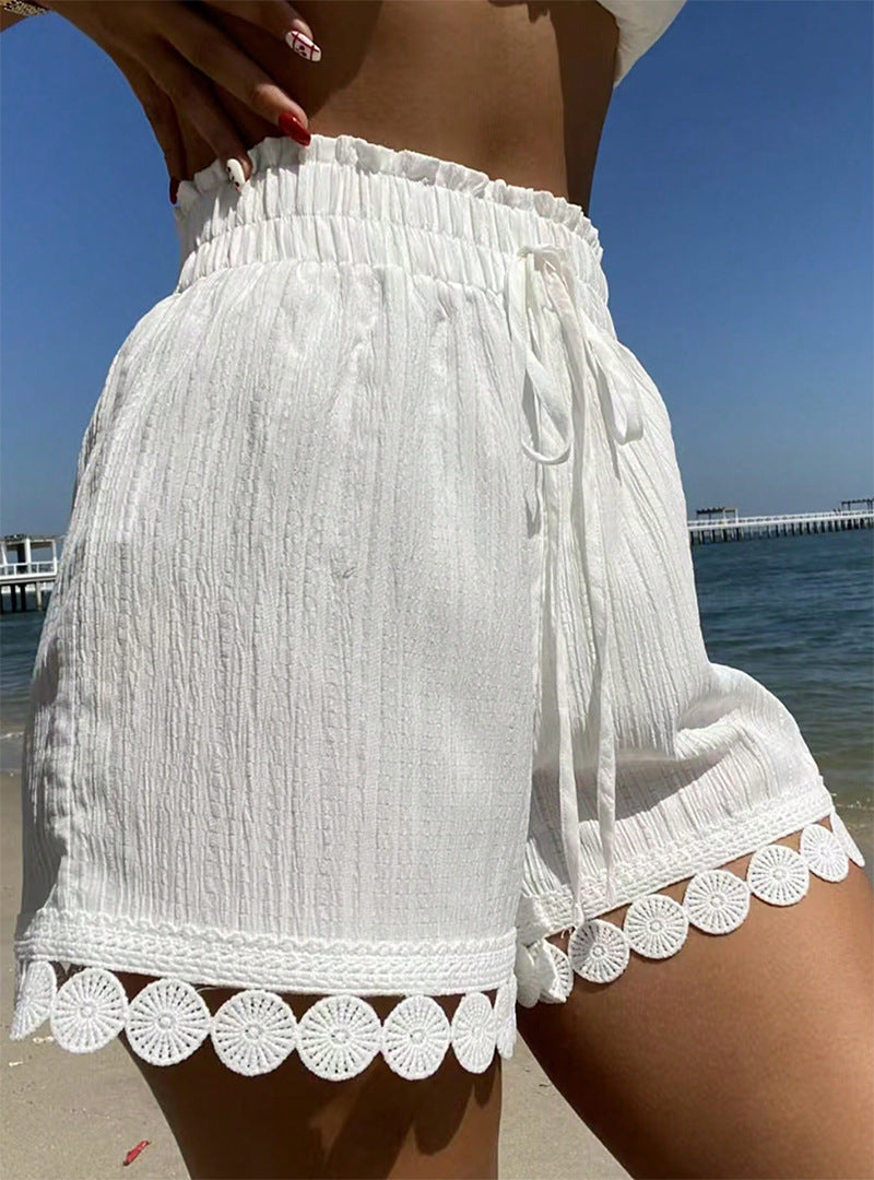 Mid-Waist Lace-Trimmed Relaxed Shorts