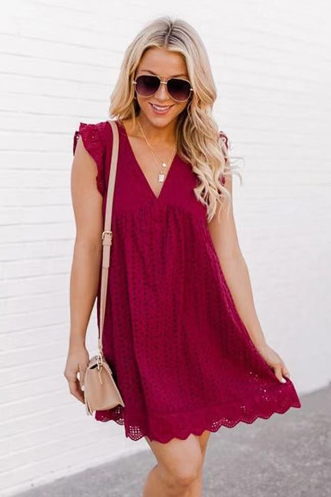 V-neck Sleeveless A-line Lace Dress with Pockets
