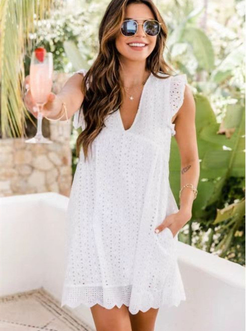 V-neck Sleeveless A-line Lace Dress with Pockets