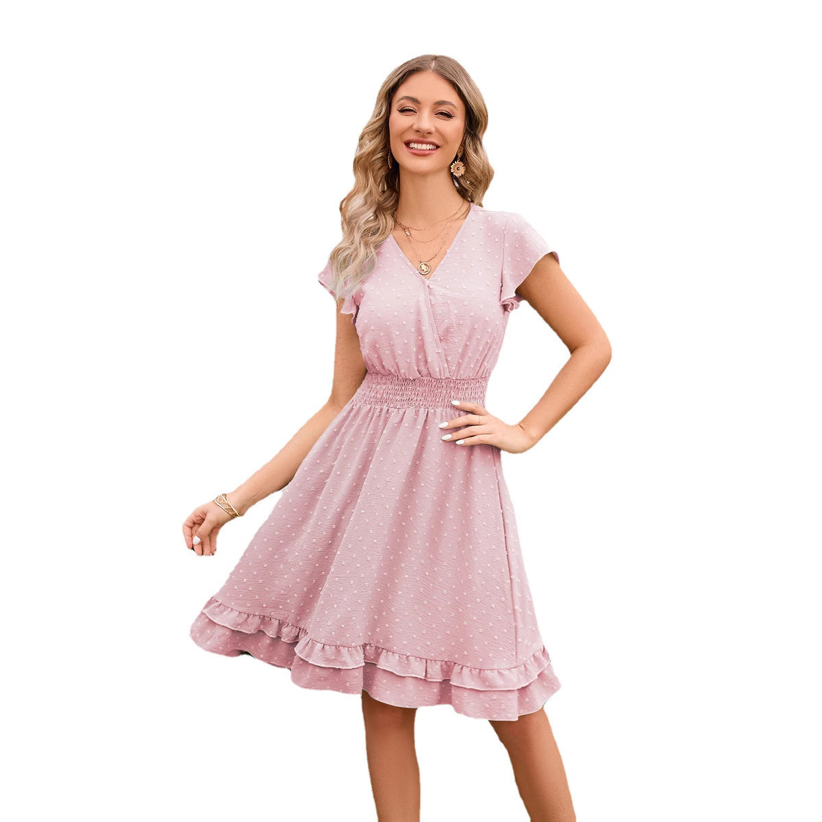 Relaxed-Fit Slimming Short-Sleeve A-Line V-Neck Dress