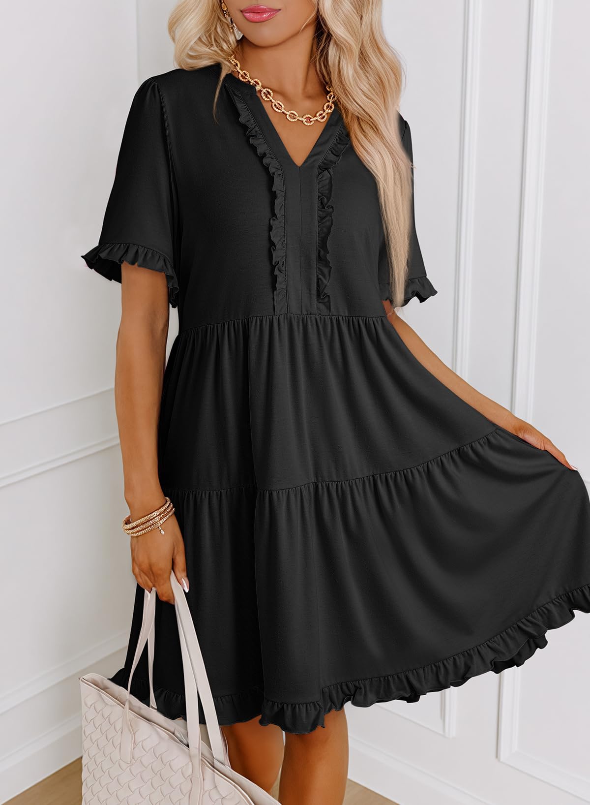 V-Neck Short Sleeve A-Line Dress