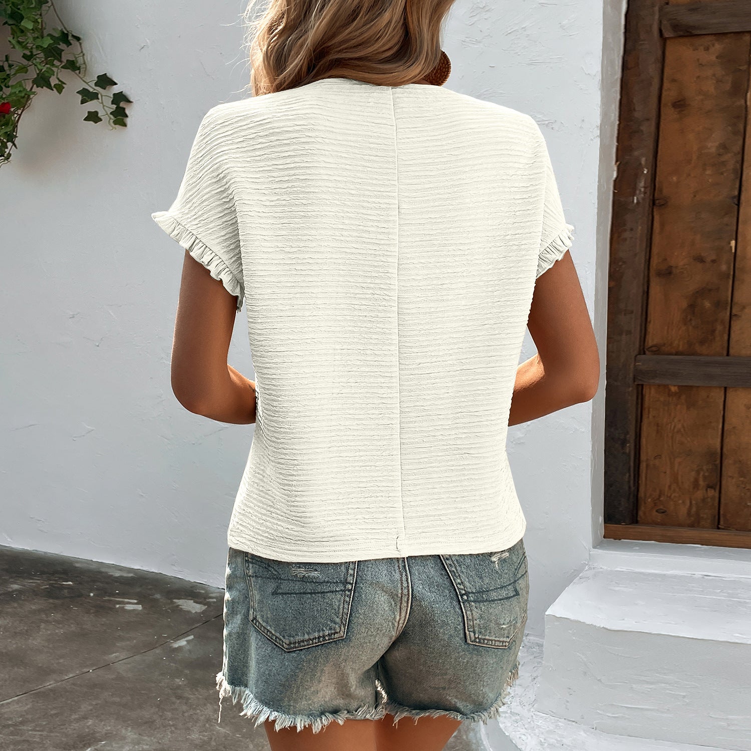 Round Neck Short Ruffle Sleeve Top